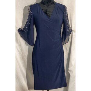 MSK Navy Blue Cocktail Dress, Rhinestone Open Sleeves, Form Fitting Size PS